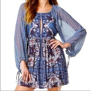 Free People Oksana Blue Ethnic Balloon Sleeve Mini Keyhole Dress Size 2